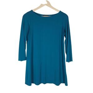 Eileen Fisher Tunic Top XS Teal Blue Stretchy Knit Boat Neck 3/4 Sleeve Shirt